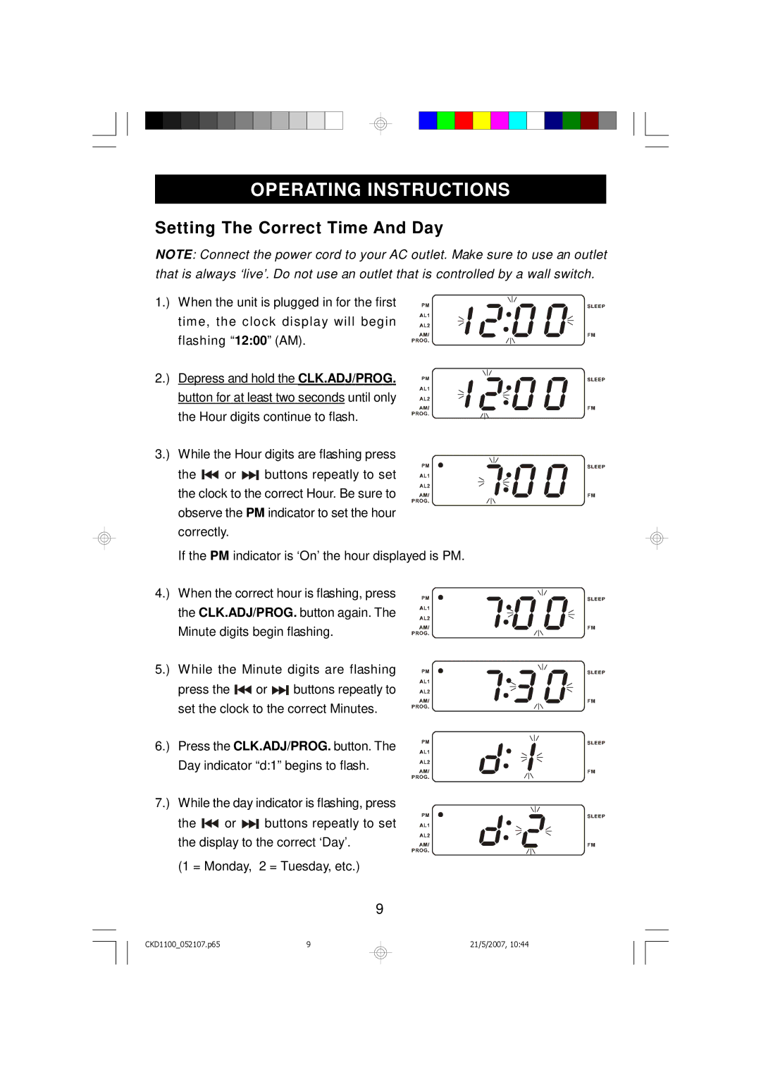 Emerson Stereo Radio, CKD1100, CKD1100BL, CKD1100GN, CKD1100PK Operating Instructions, Setting The Correct Time And Day 