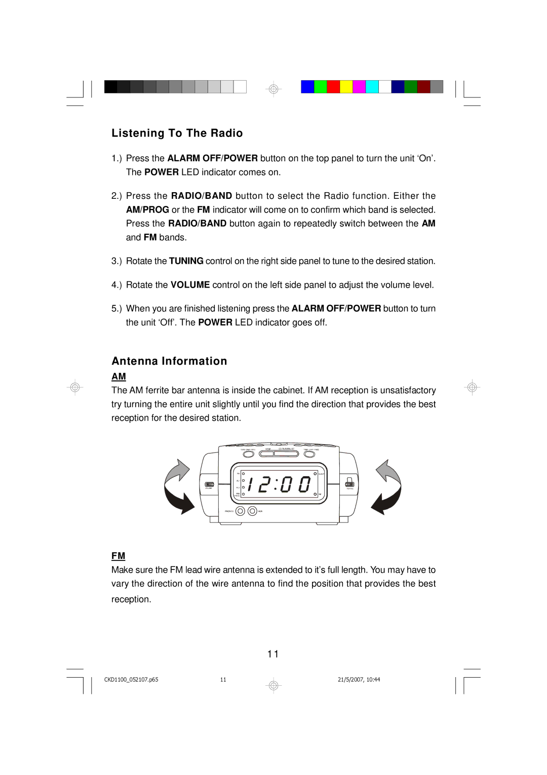 Emerson Stereo Radio, CKD1100, CKD1100BL, CKD1100GN, CKD1100PK owner manual Listening To The Radio, Antenna Information 