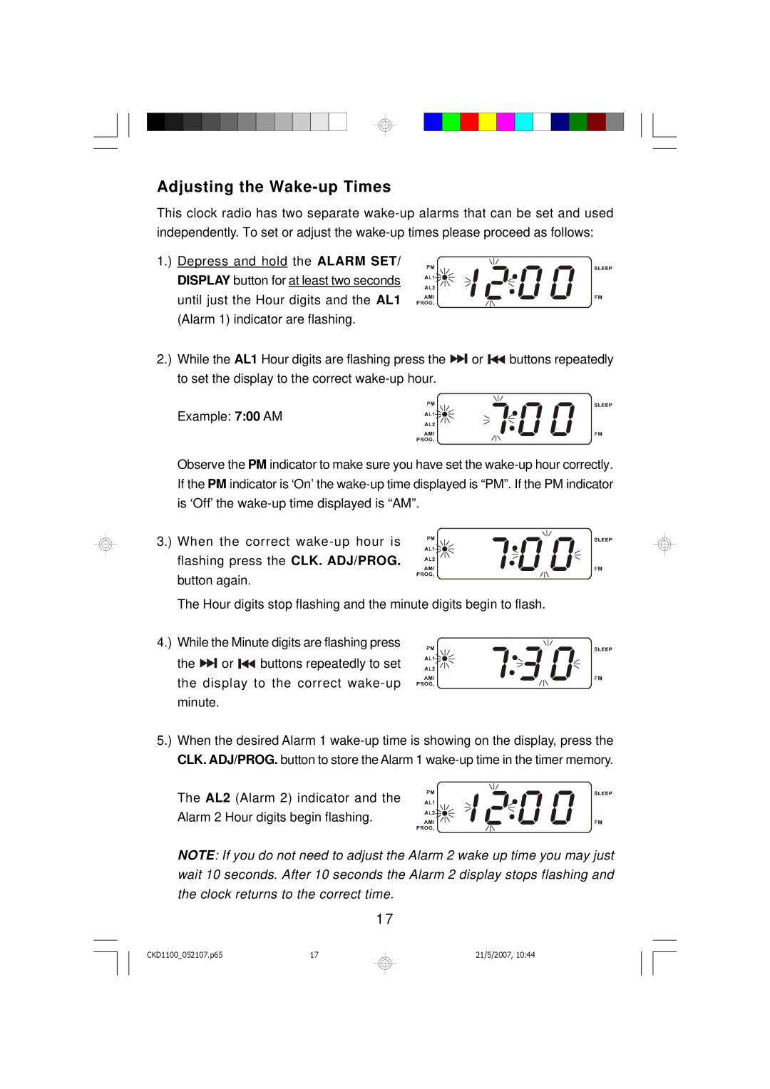 Emerson Stereo Radio, CKD1100, CKD1100BL, CKD1100GN, CKD1100PK owner manual Adjusting the Wake-up Times 