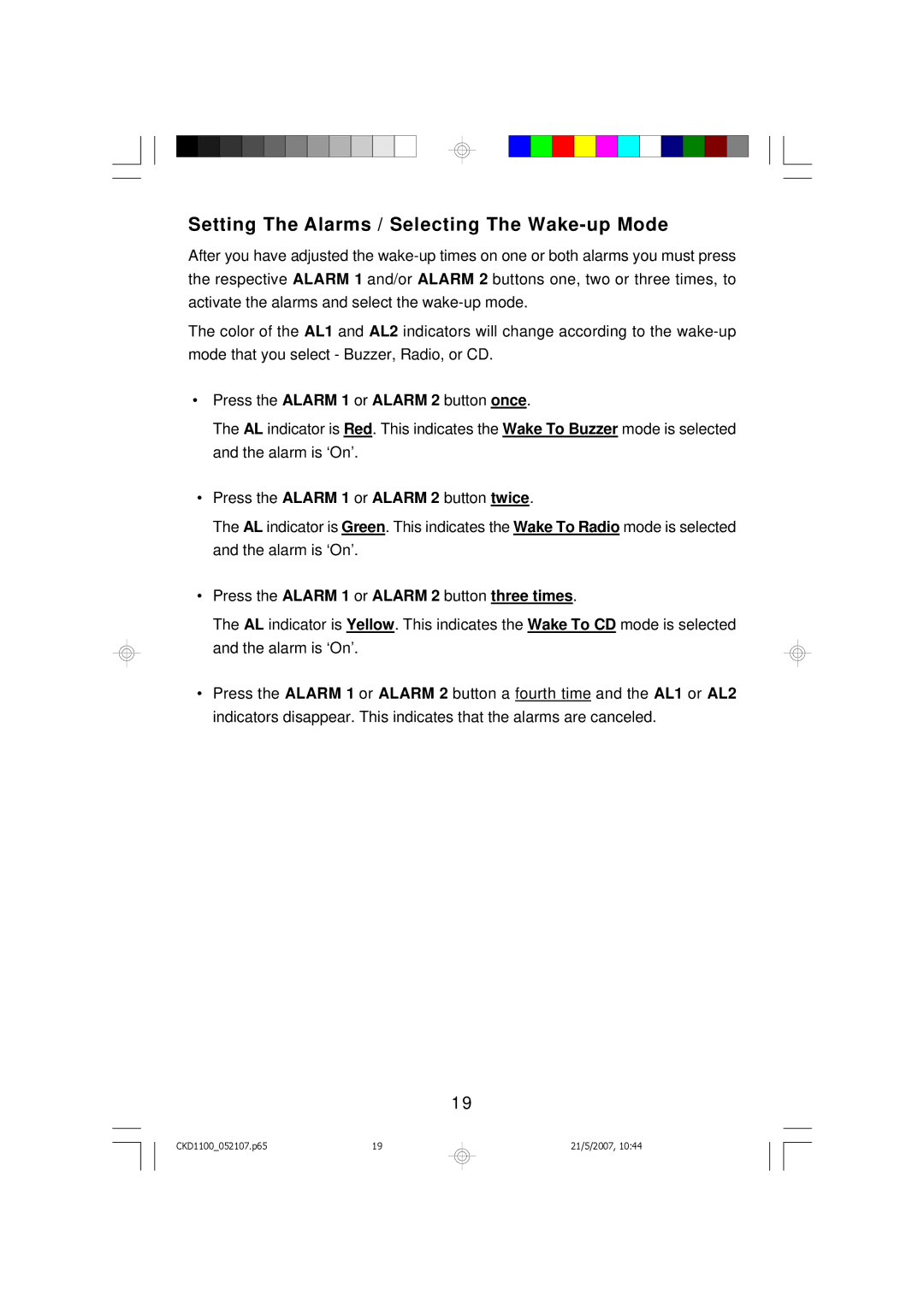 Emerson Stereo Radio, CKD1100, CKD1100BL, CKD1100GN, CKD1100PK owner manual Setting The Alarms / Selecting The Wake-up Mode 