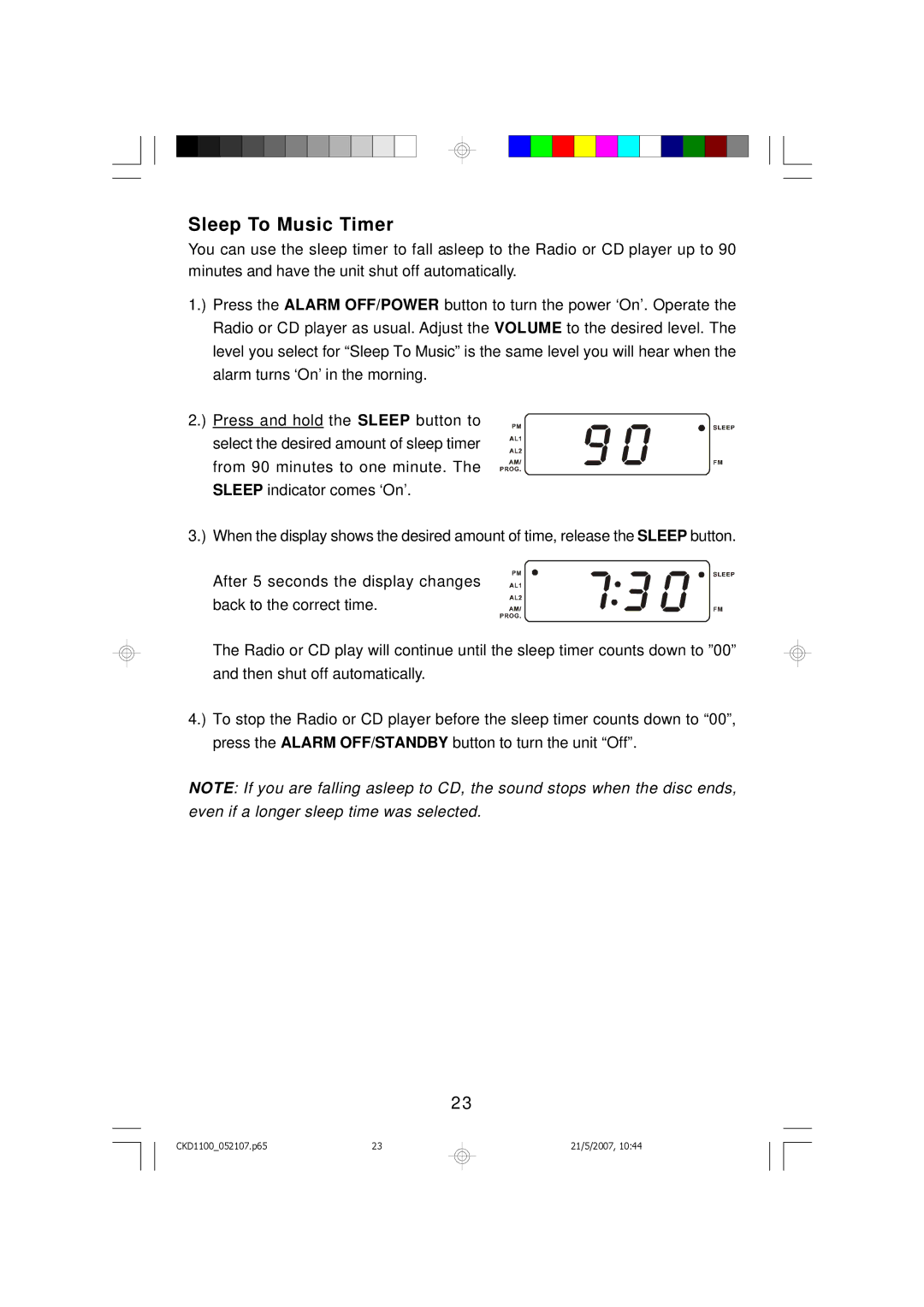 Emerson Stereo Radio, CKD1100, CKD1100BL, CKD1100GN, CKD1100PK owner manual Sleep To Music Timer 