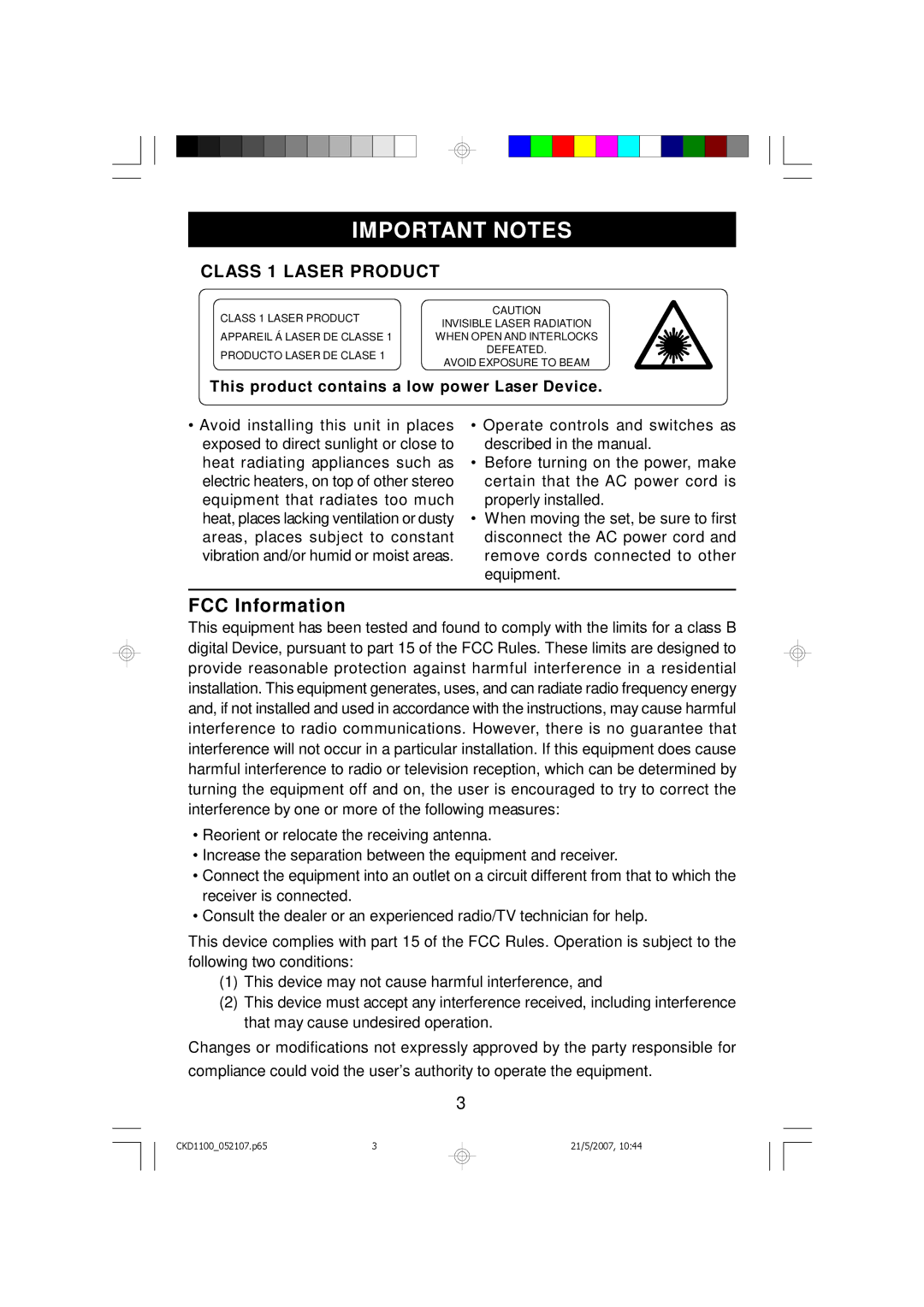 Emerson Stereo Radio, CKD1100, CKD1100BL, CKD1100GN, CKD1100PK owner manual Important Notes, FCC Information 