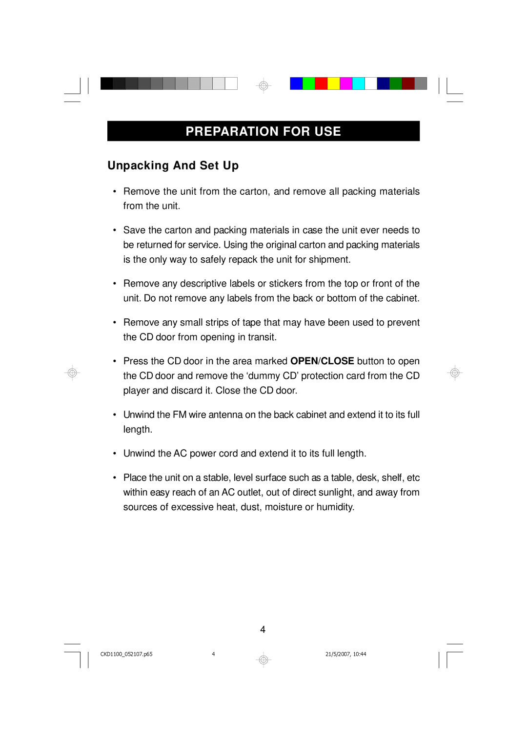 Emerson CKD1100, CKD1100BL, CKD1100GN, CKD1100PK, Stereo Radio owner manual Preparation for USE, Unpacking And Set Up 