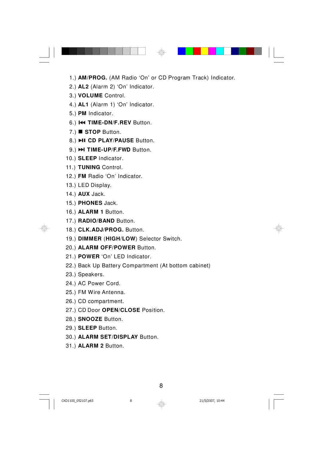 Emerson CKD1100, CKD1100BL, CKD1100GN, CKD1100PK, Stereo Radio owner manual TIME-DN/F.REV Button 