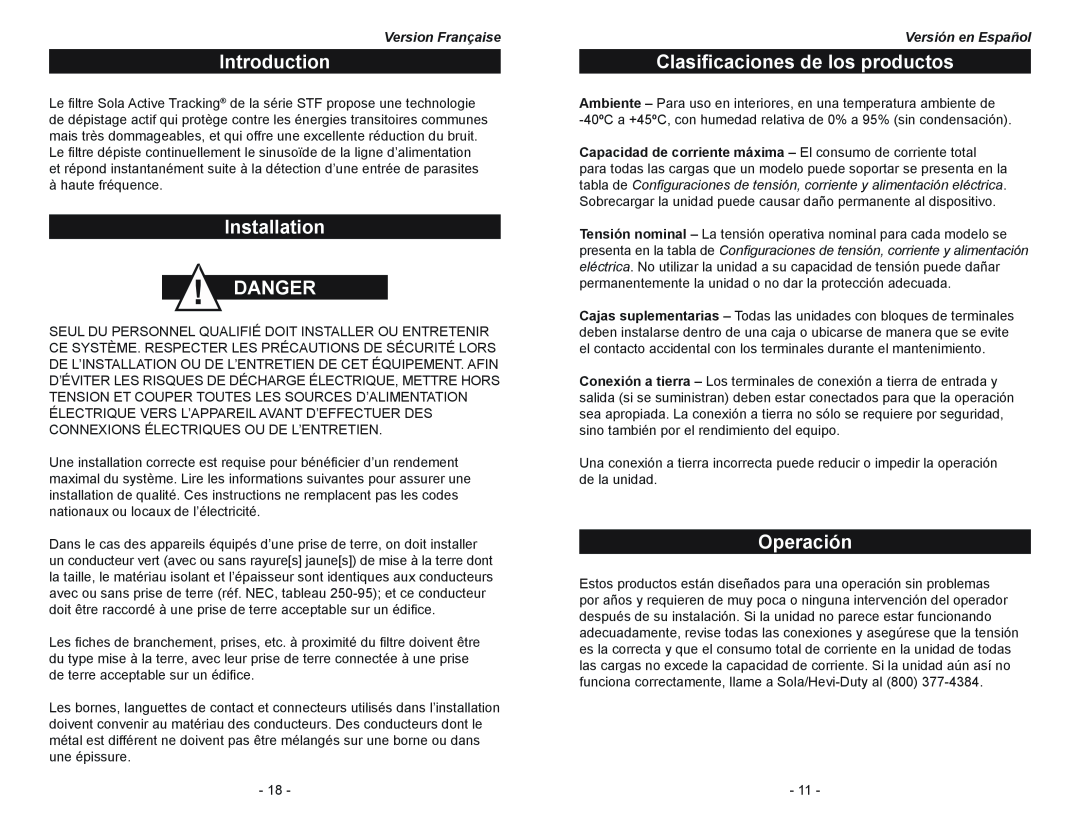 Emerson STF Series manual Clasificaciones de los productos, Operación, Introduction, Installation DANGER, Version Française 