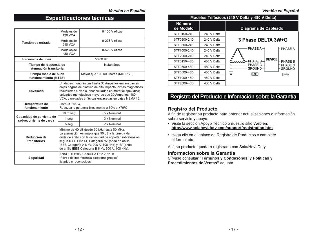 Emerson STF Series manual Especificaciones técnicas, Registro del Producto, Información sobre la Garantía, Número 