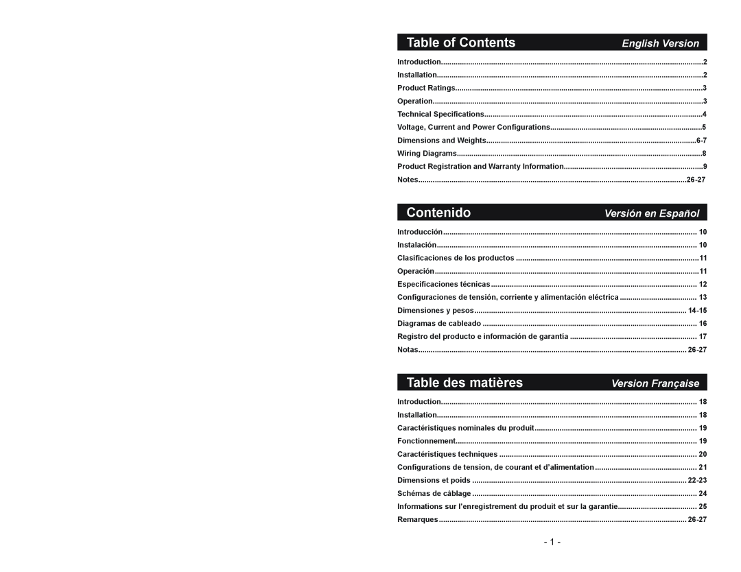 Emerson STF Series Table of Contents, Contenido, Table des matières, Version Française, English Version, 26-27, 14-15 