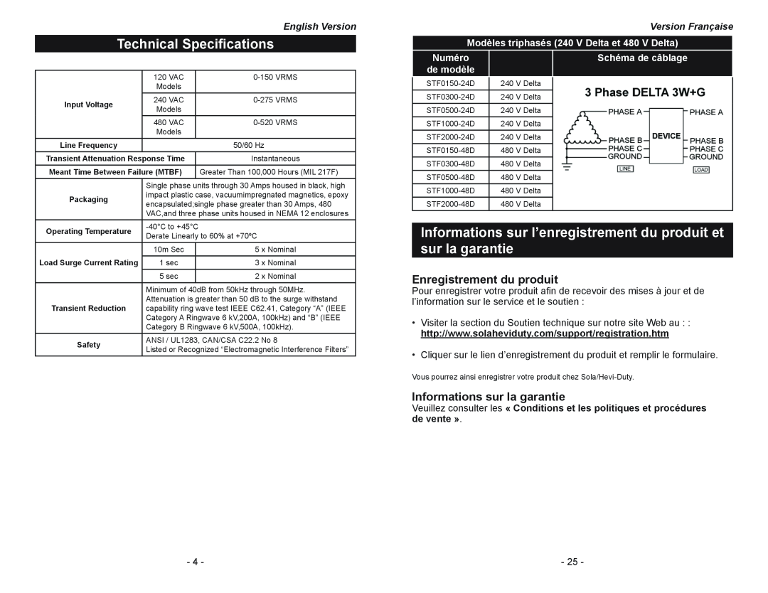 Emerson STF Series Technical Specifications, Enregistrement du produit, Informations sur la garantie, Version Française 