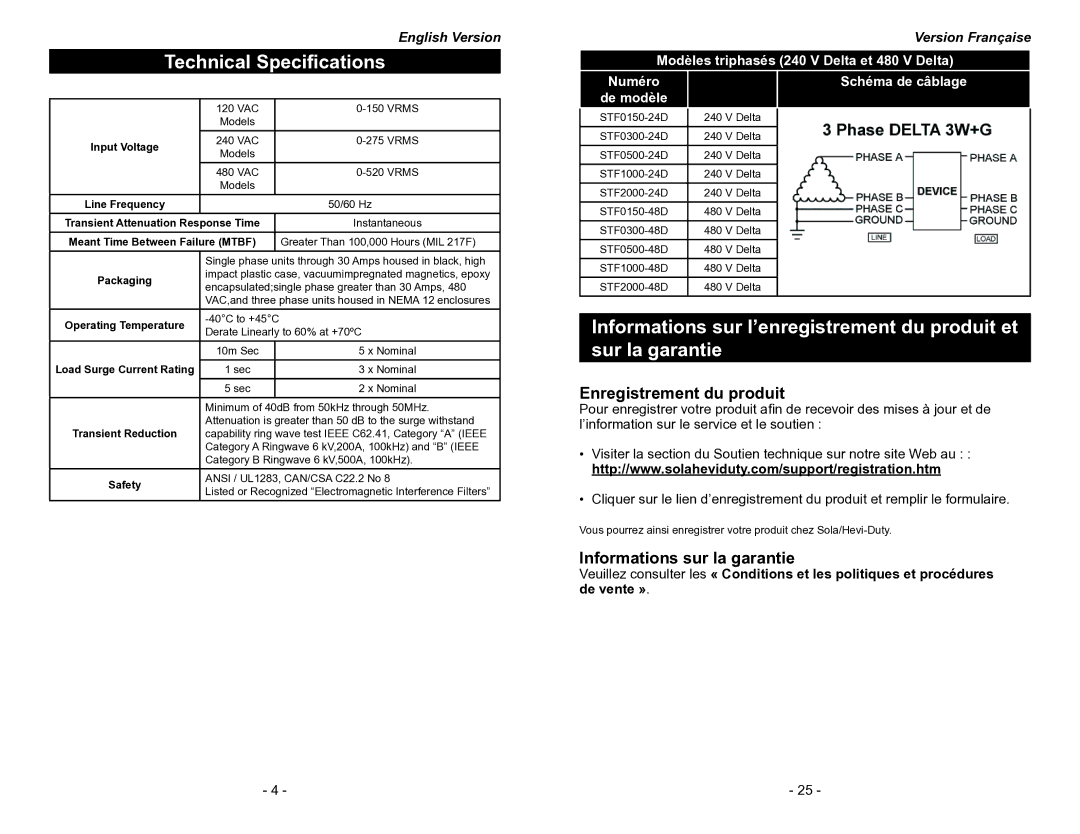 Emerson STF Series manual Technical Specifications, Version Française 