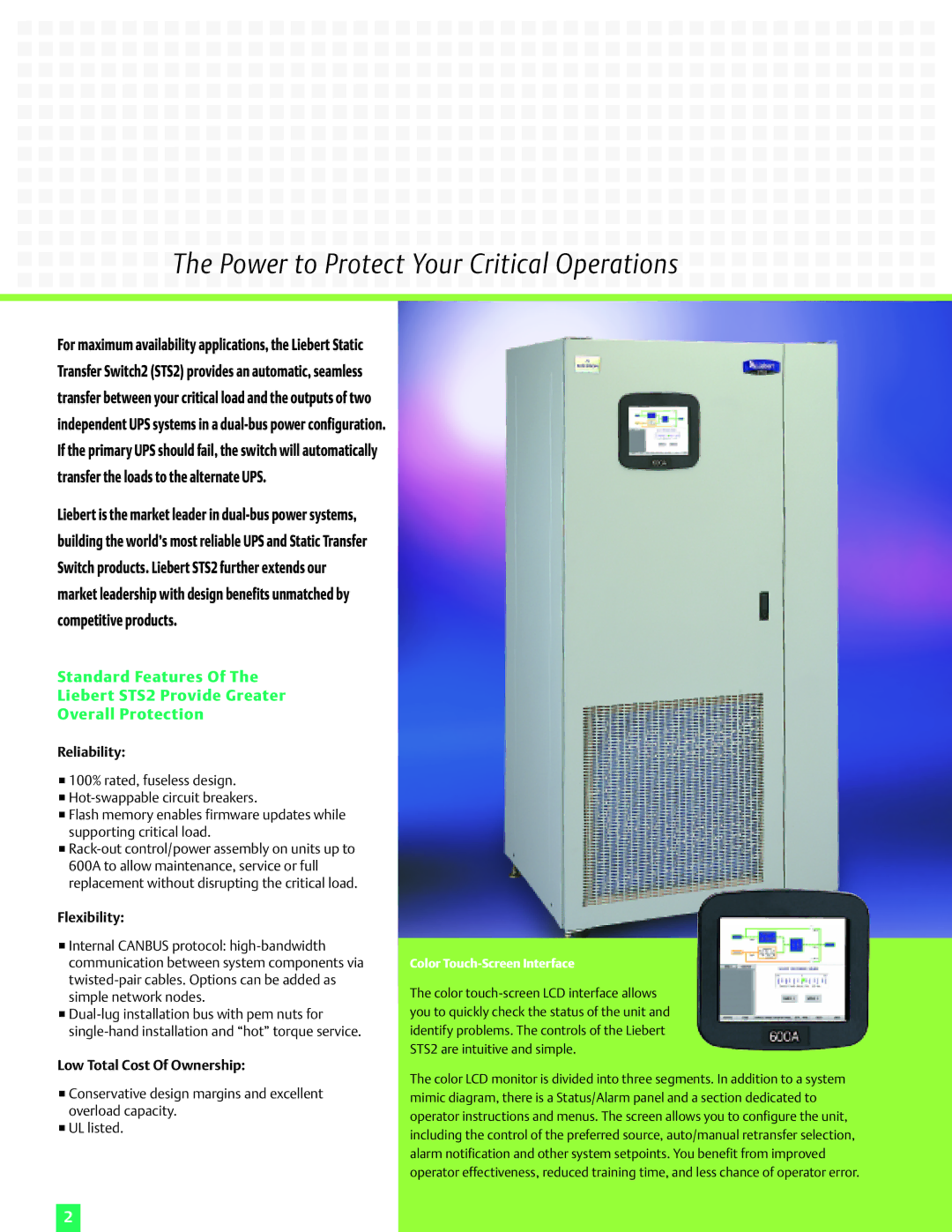 Emerson STS2 manual Power to Protect Your Critical Operations, Reliability 