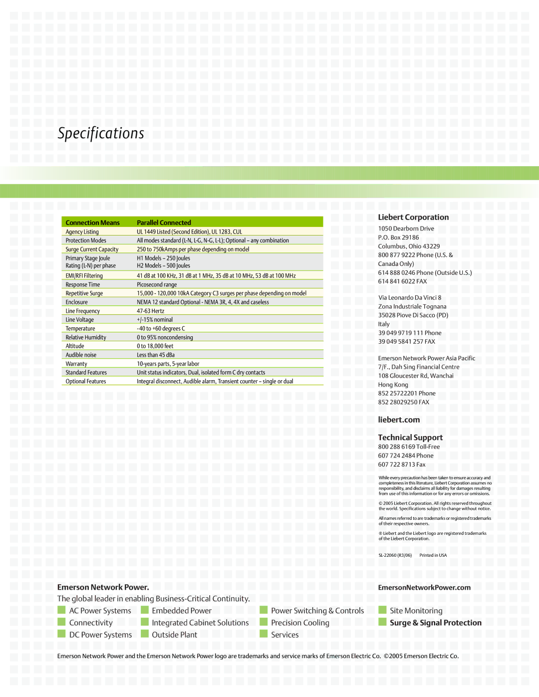 Emerson Surge and Signal Protection manual Specifications, Ion, Fax 