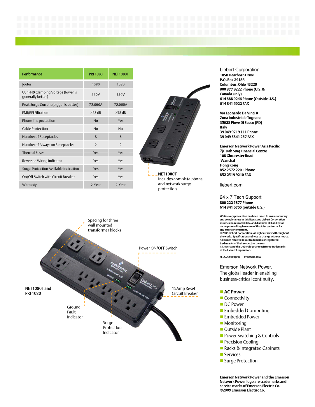 Emerson Surge Protector warranty Liebert Corporation, Liebert.com 24 x 7 Tech Support 