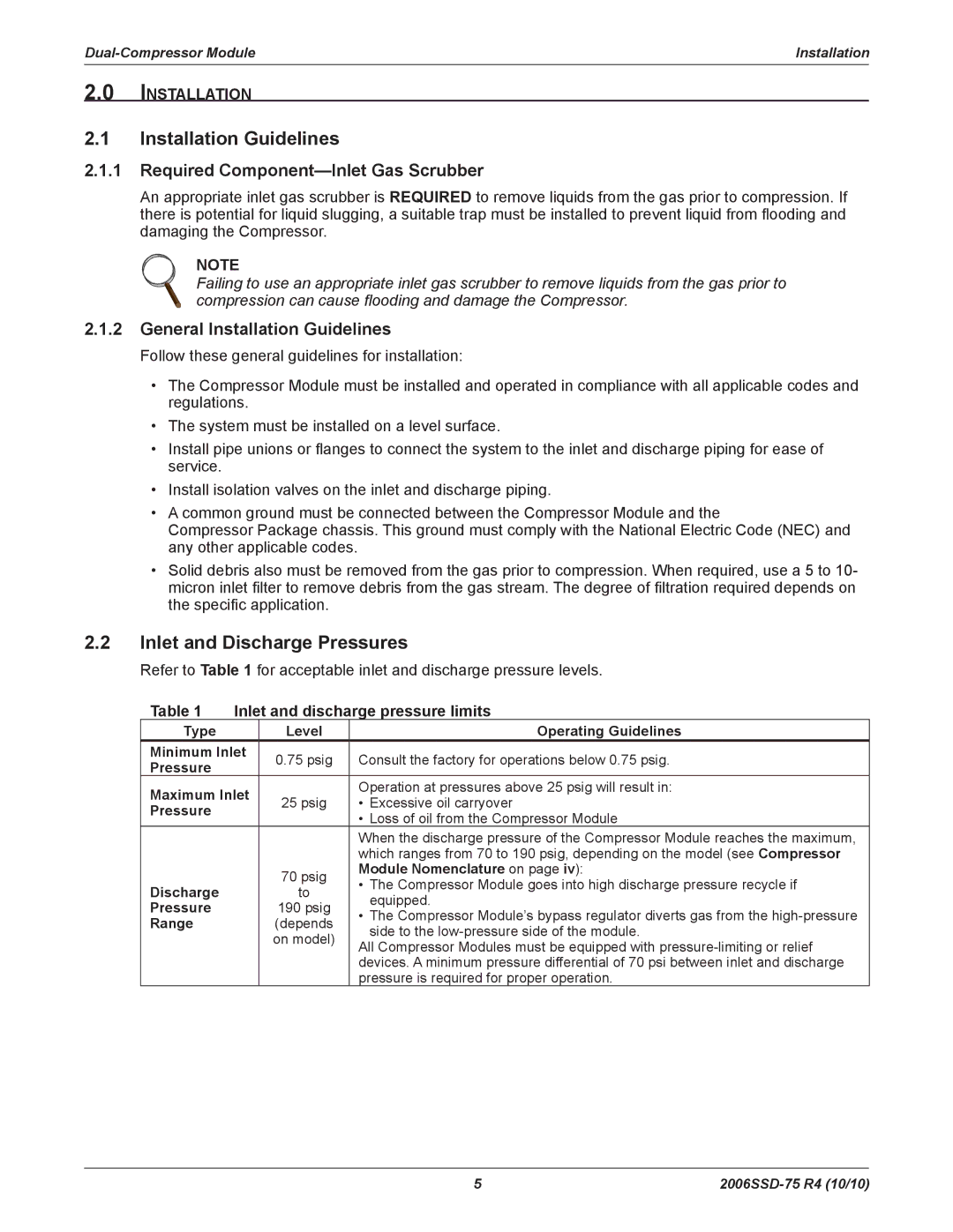 Emerson SZO56, SZO44, SZV44 Installation Guidelines, Inlet and Discharge Pressures, Required Component-Inlet Gas Scrubber 