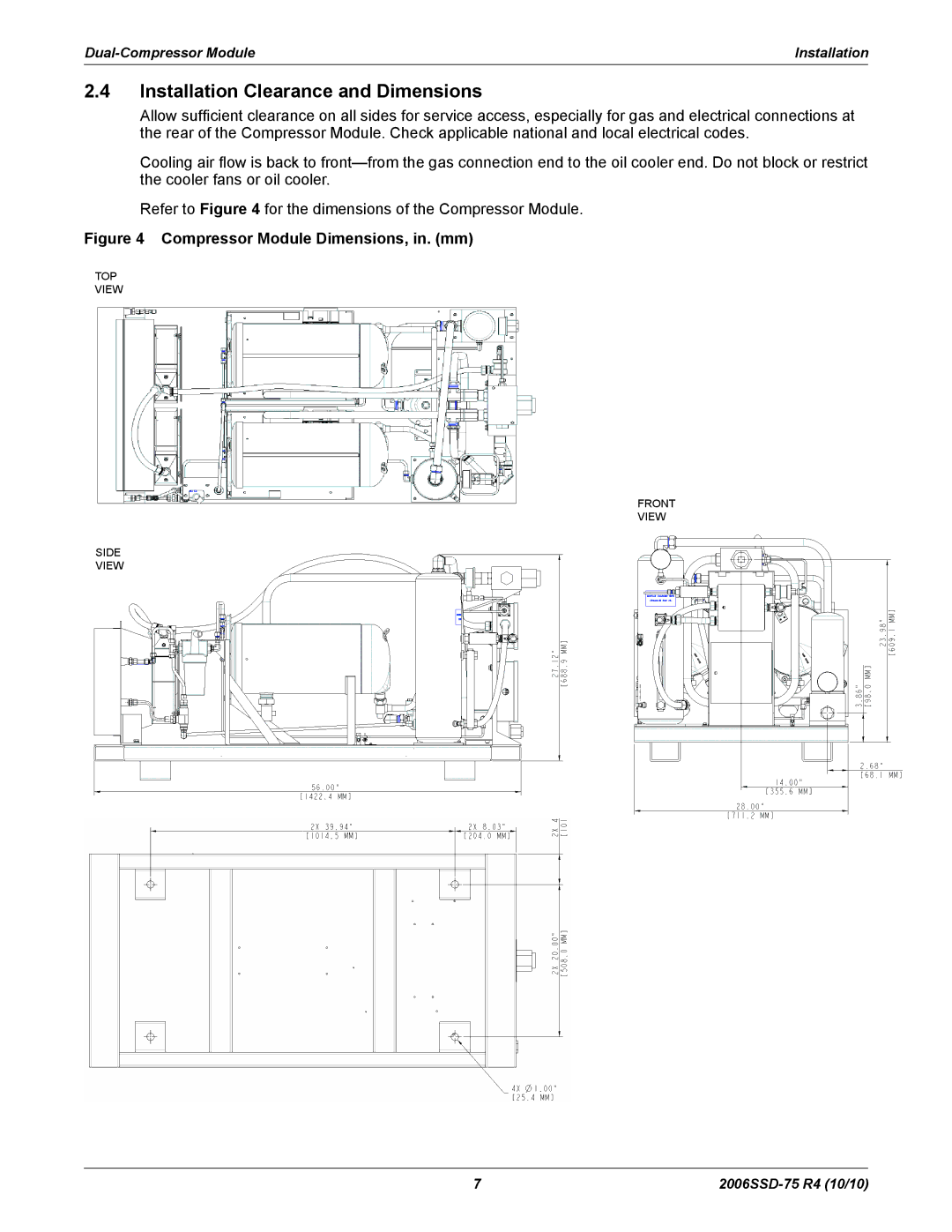 Emerson SZV44, SZO44, SZV32, SZO56 manual Installation Clearance and Dimensions, Compressor Module Dimensions, in. mm 