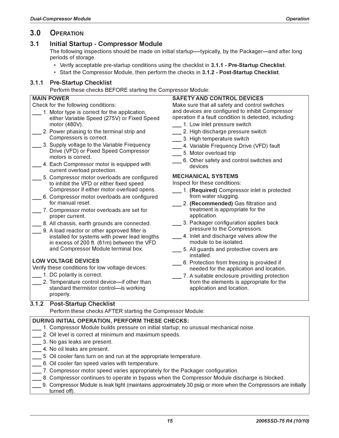 Emerson SZV44, SZO44, SZV32 Initial Startup Compressor Module, Pre-Startup Checklist, Post-Startup Checklist, Operation 