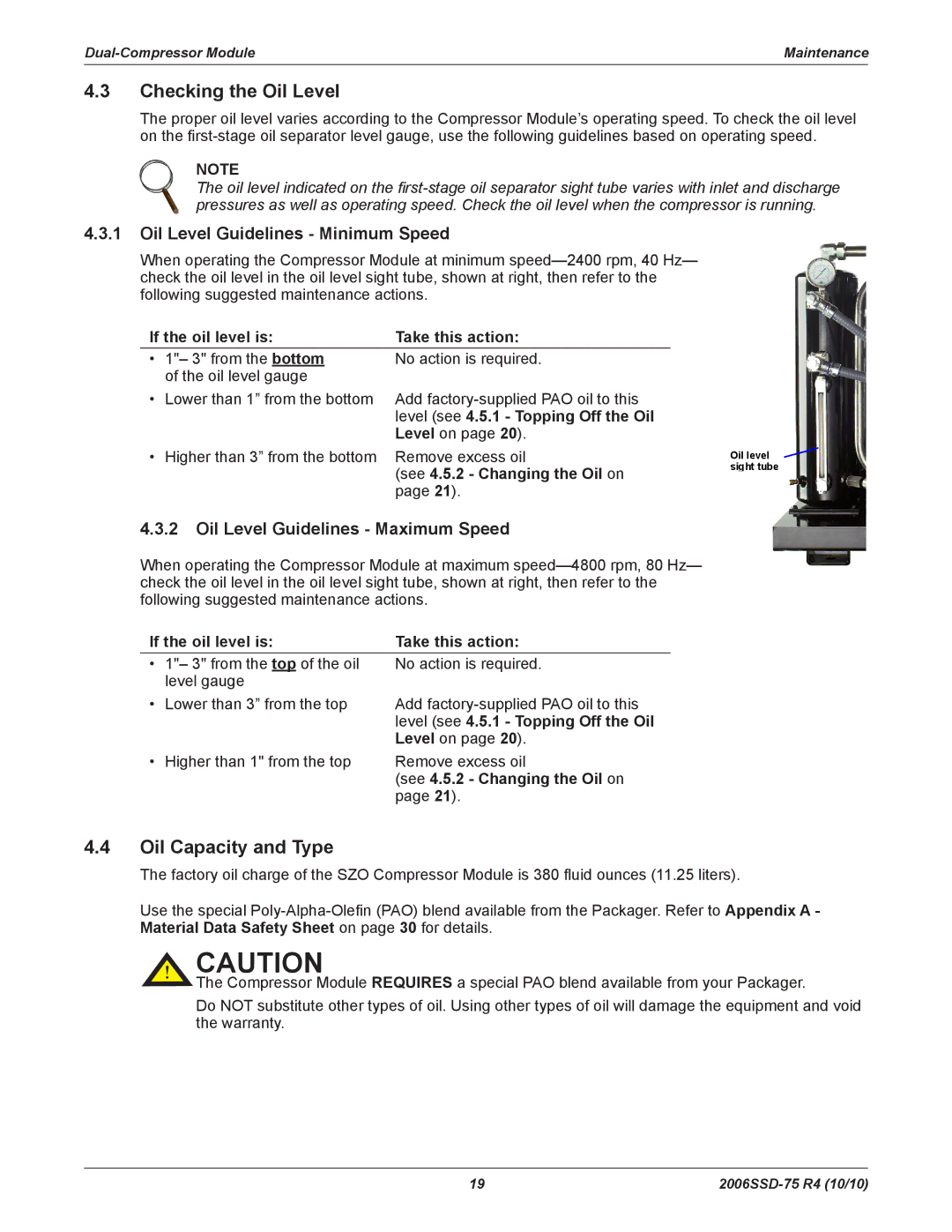 Emerson SZV44, SZO44, SZV32, SZO56 manual Checking the Oil Level, Oil Capacity and Type, Oil Level Guidelines Minimum Speed 