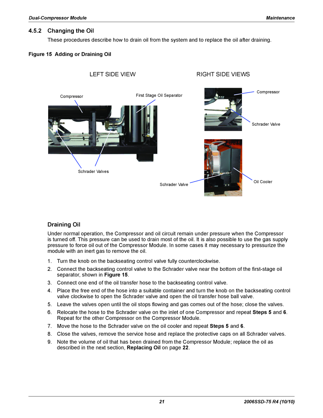 Emerson SZO56, SZO44, SZV44, SZV32 manual Changing the Oil, Draining Oil 