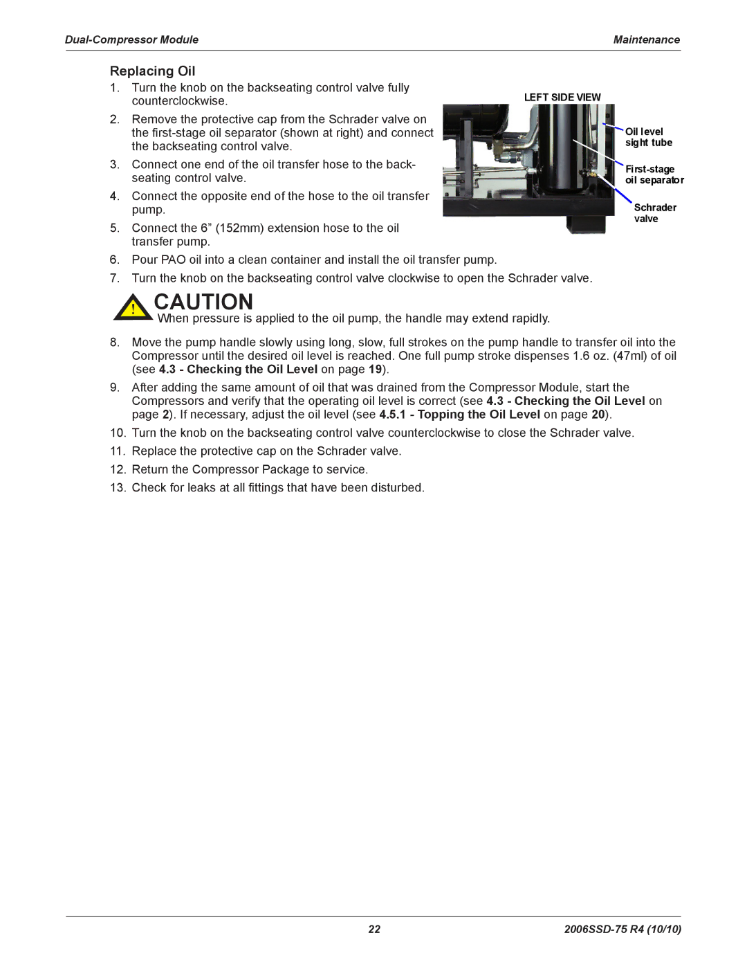 Emerson SZO44, SZV44, SZV32, SZO56 manual Replacing Oil 