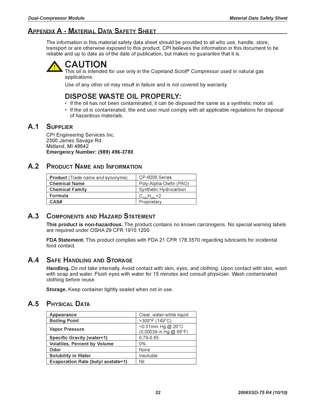 Emerson SZV32, SZO44 Appendix A - Material Data Safety Sheet, Supplier, Emergency Number 989 Product Name and Information 