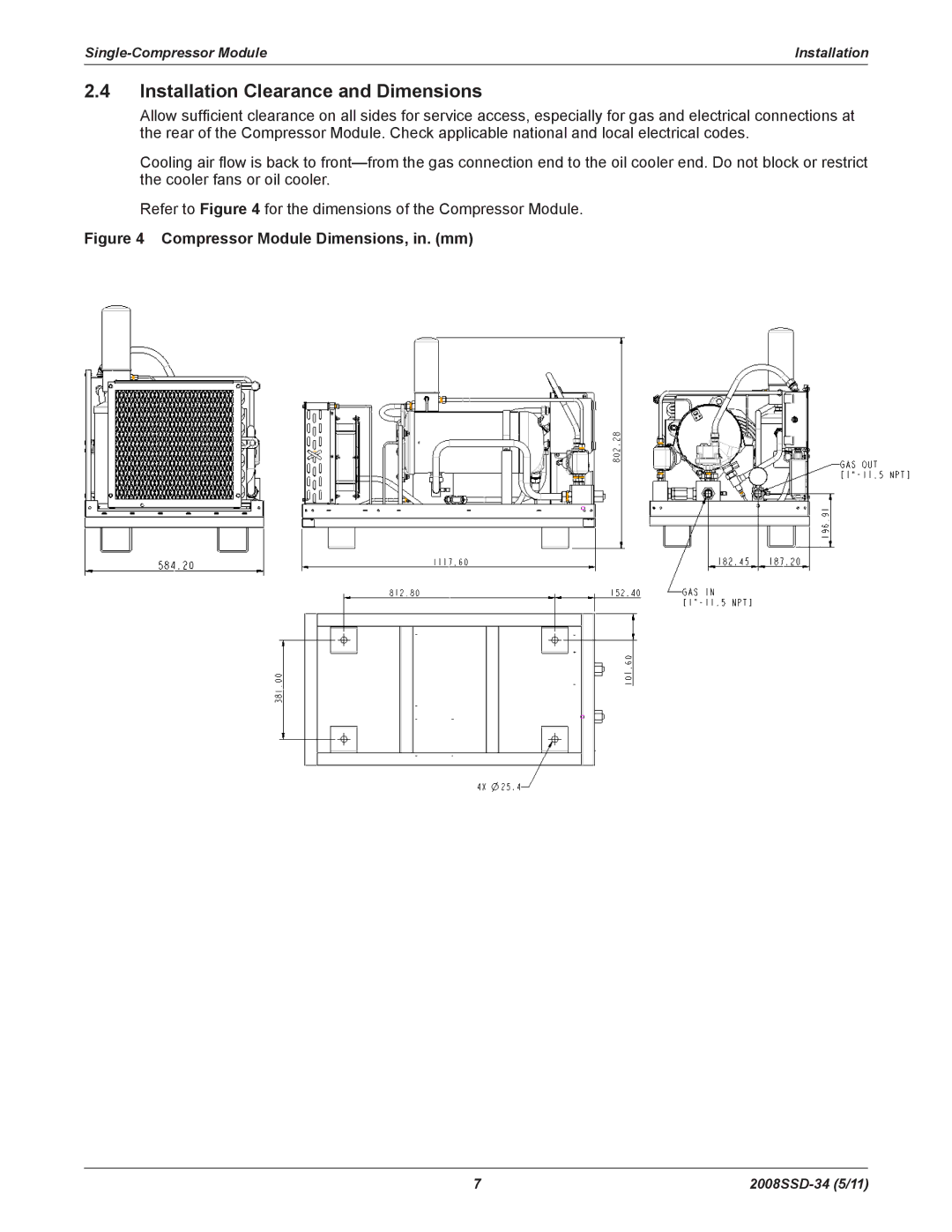 Emerson SZO22, SZV22 manual Installation Clearance and Dimensions, Compressor Module Dimensions, in. mm 