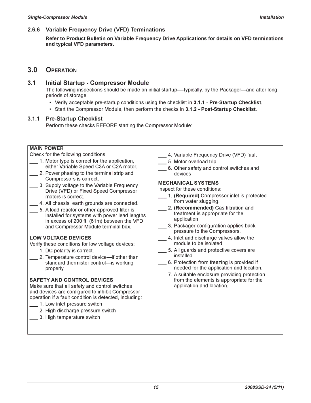 Emerson SZO22, SZV22 Initial Startup Compressor Module, Variable Frequency Drive VFD Terminations, Pre-Startup Checklist 