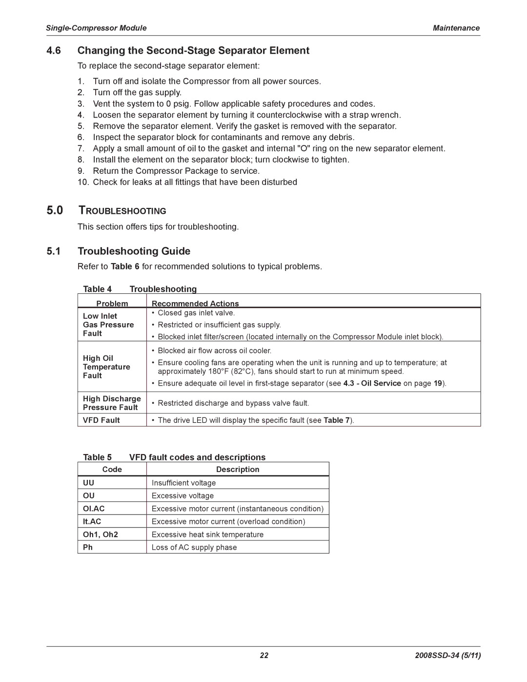 Emerson SZV22, SZO22 Changing the Second-Stage Separator Element, Troubleshooting Guide, VFD fault codes and descriptions 