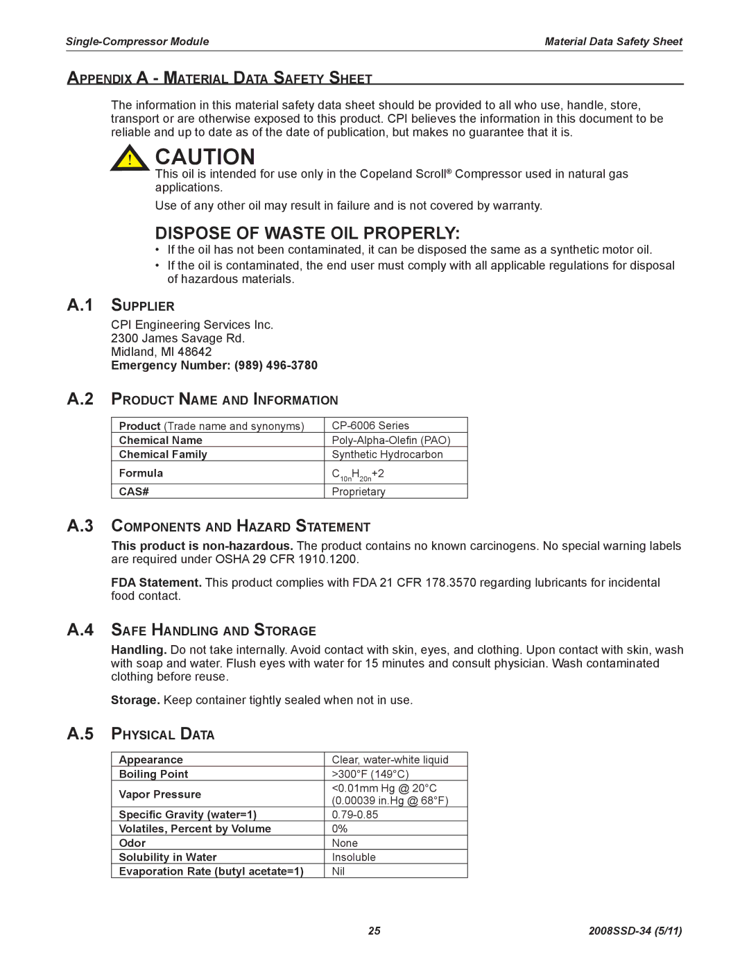 Emerson SZO22, SZV22 Appendix A - Material Data Safety Sheet, Supplier, Emergency Number 989 Product Name and Information 