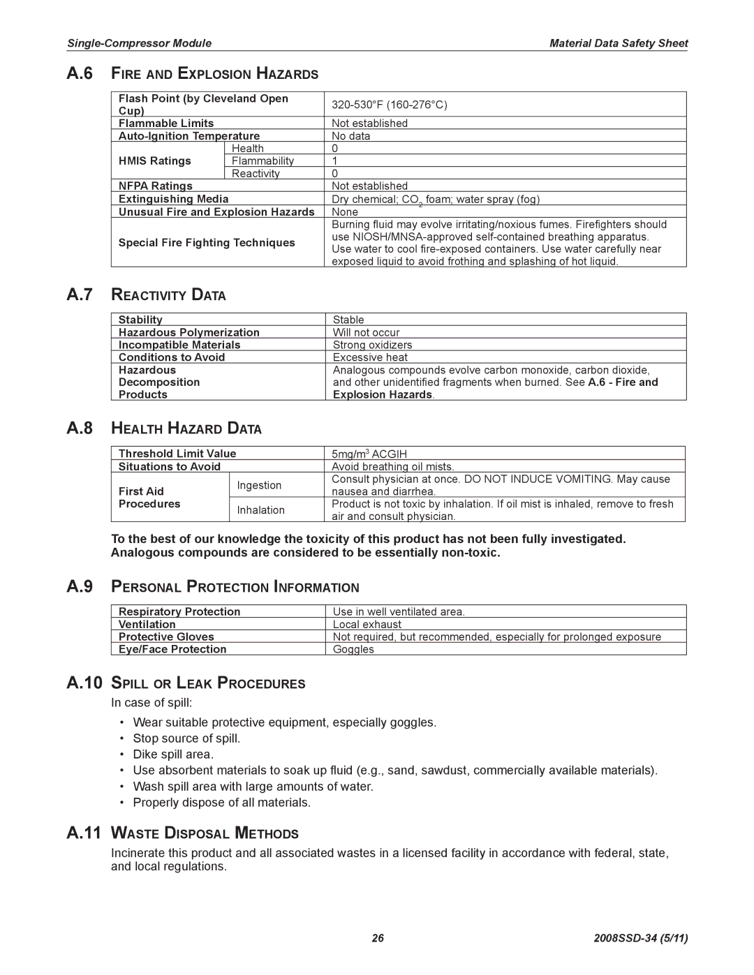 Emerson SZV22, SZO22 manual Fire and Explosion Hazards, Reactivity Data, Health Hazard Data, Personal Protection Information 