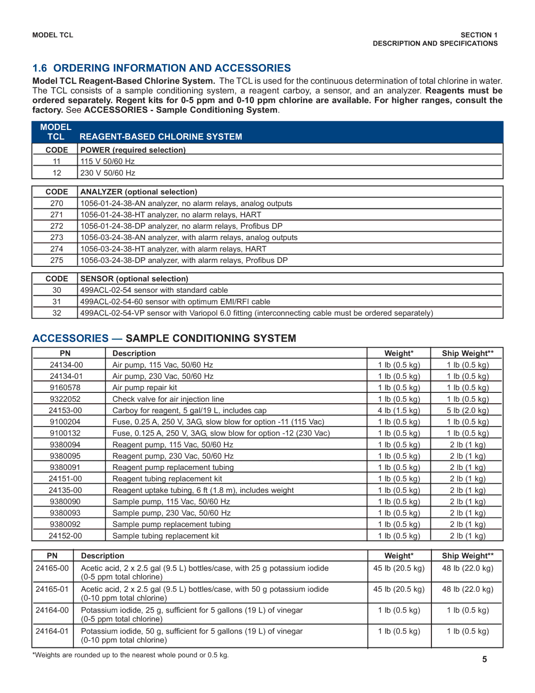 Emerson TCL instruction manual Ordering Information and Accessories, Accessories Sample Conditioning System 