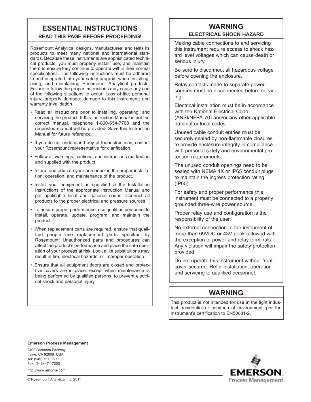 Emerson TCL instruction manual Read this page Before Proceeding, Electrical Shock Hazard 