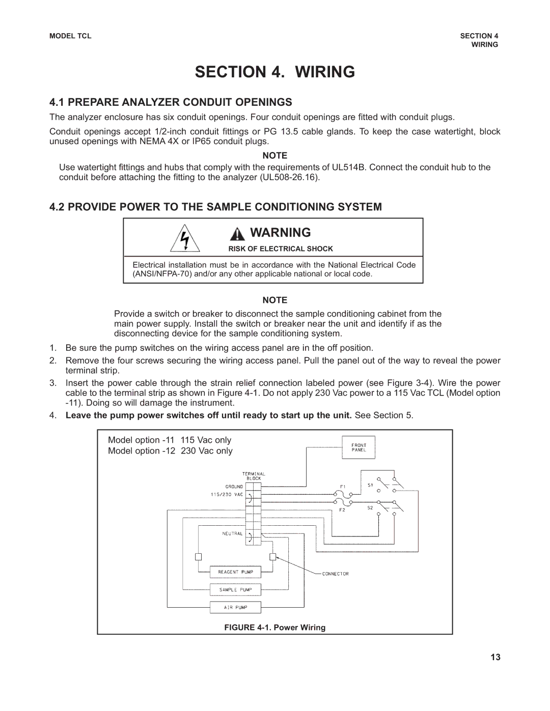 Emerson TCL instruction manual Wiring, Prepare Analyzer Conduit Openings, Provide Power to the Sample Conditioning System 