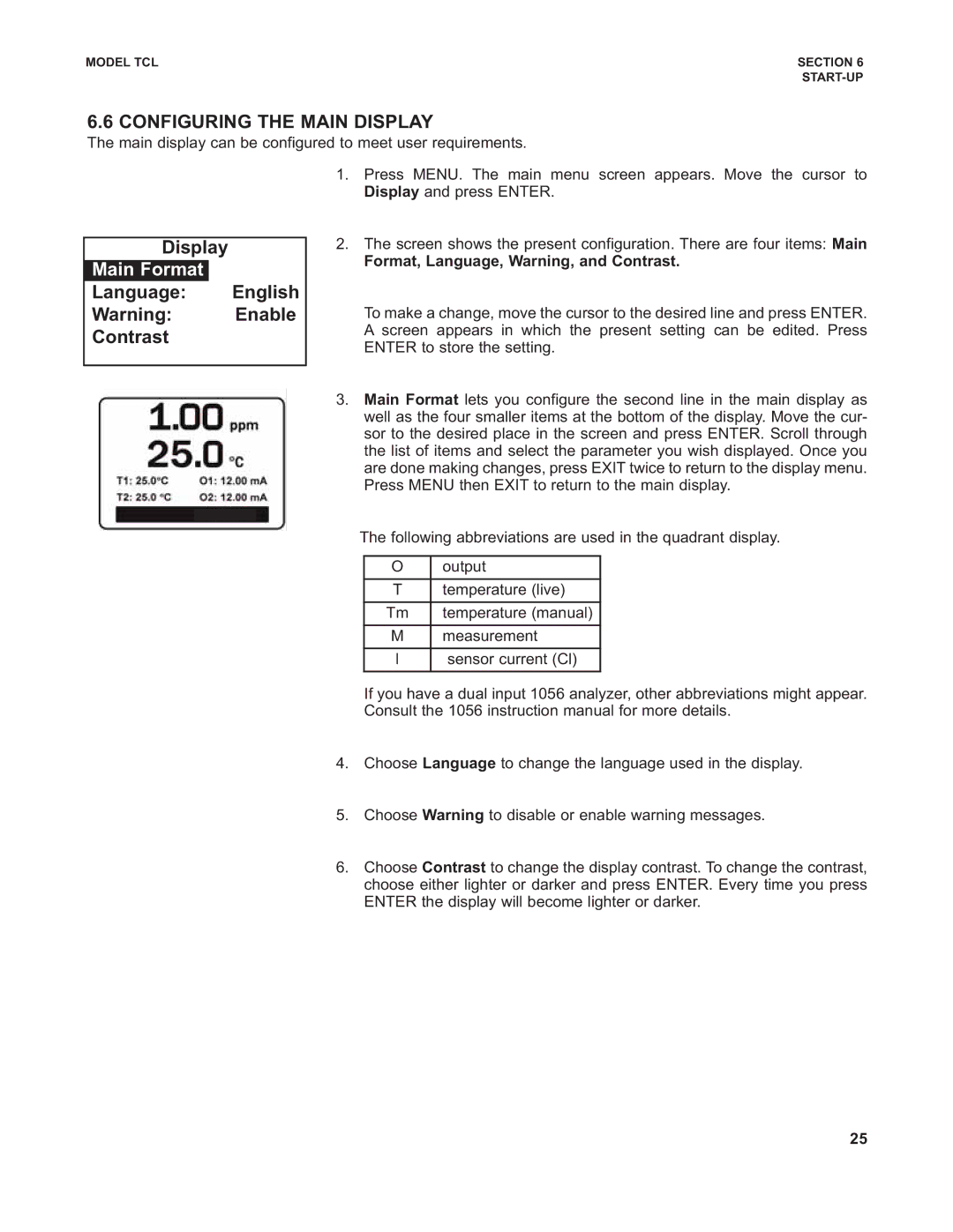 Emerson TCL Configuring the Main Display, Main Format, Language English Contrast, Format, Language, Warning, and Contrast 