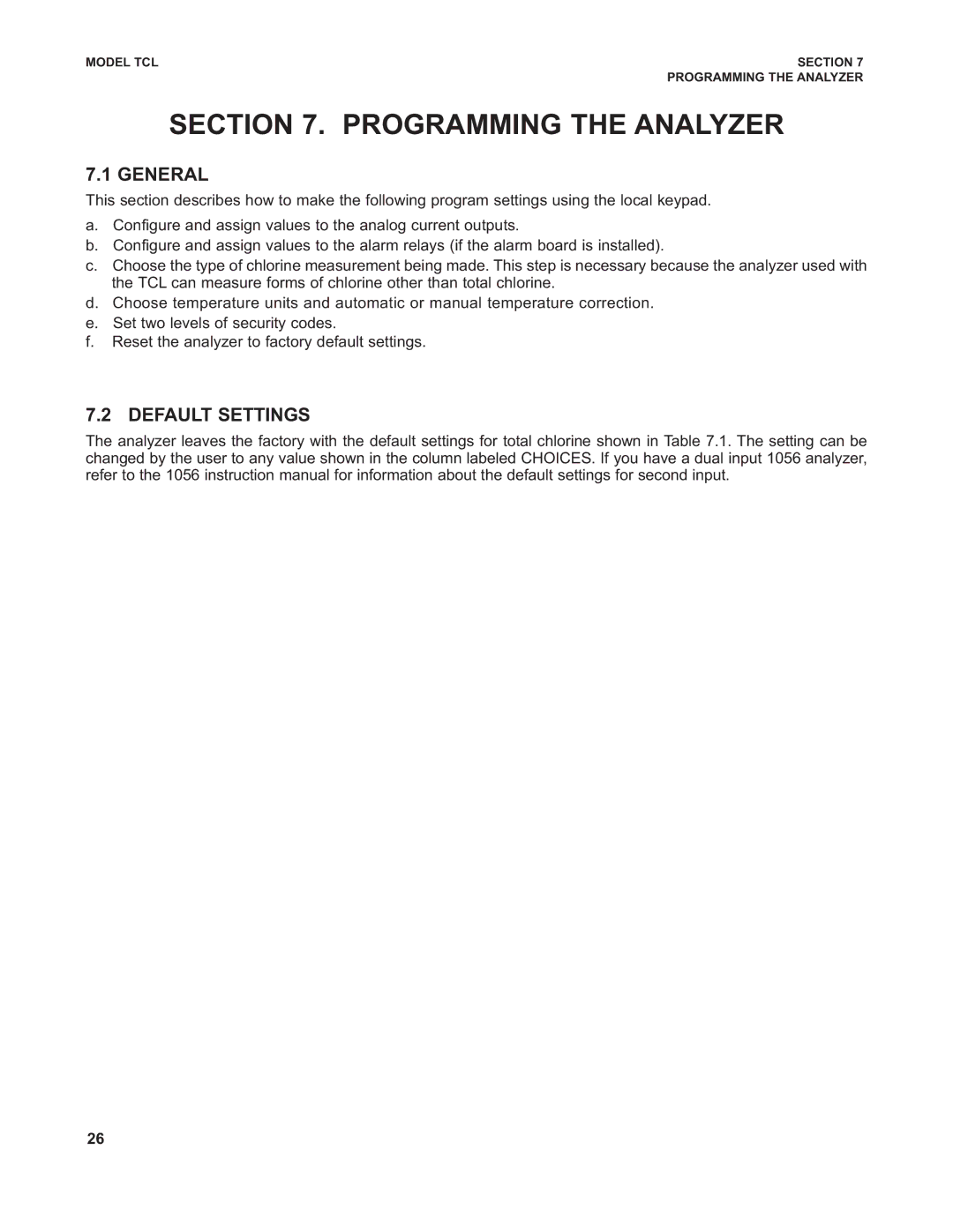 Emerson TCL instruction manual Programming the Analyzer, Default Settings 