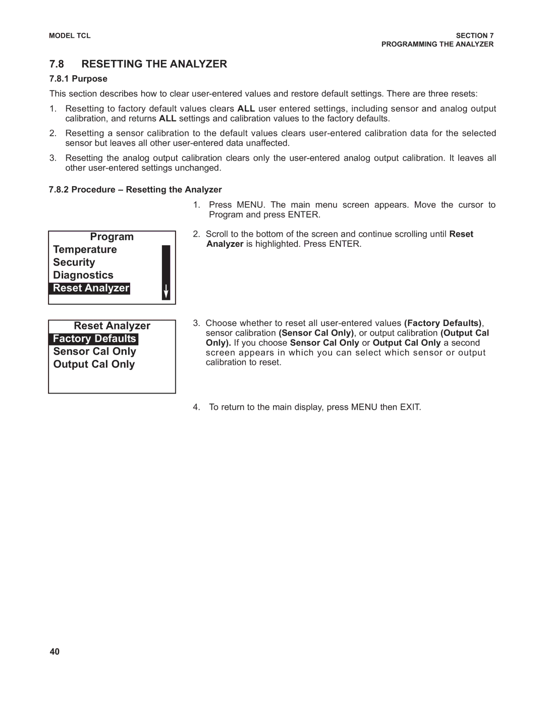 Emerson TCL instruction manual Resetting the Analyzer, Program Temperature Security Diagnostics, Reset Analyzer 