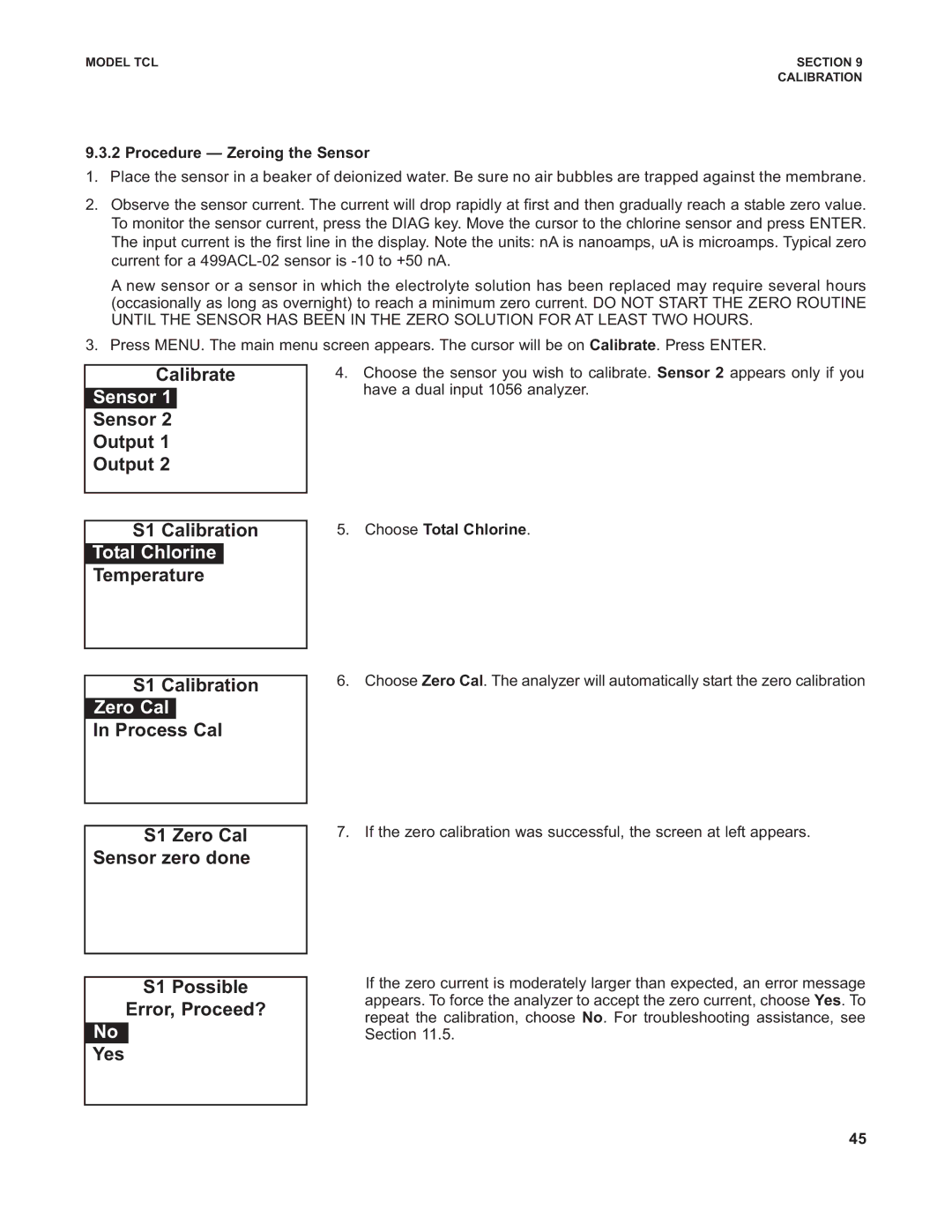 Emerson TCL instruction manual Procedure Zeroing the Sensor, Choose Total Chlorine 