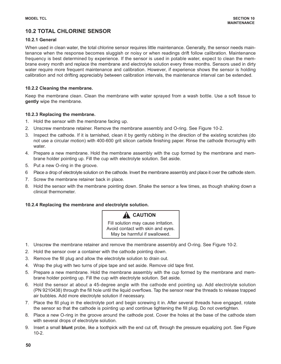 Emerson TCL instruction manual Total Chlorine Sensor, General, Cleaning the membrane, Replacing the membrane 