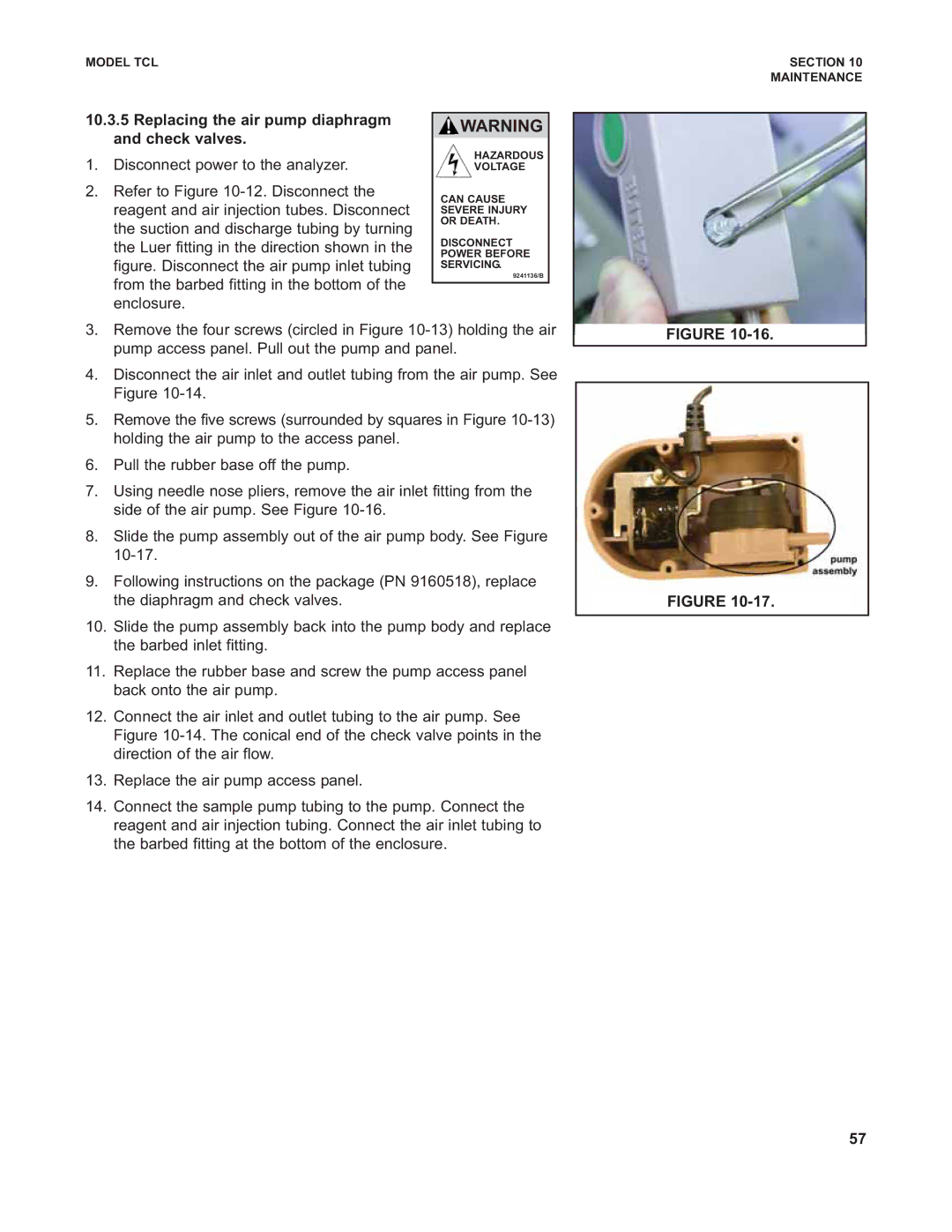 Emerson TCL instruction manual Replacing the air pump diaphragm and check valves 