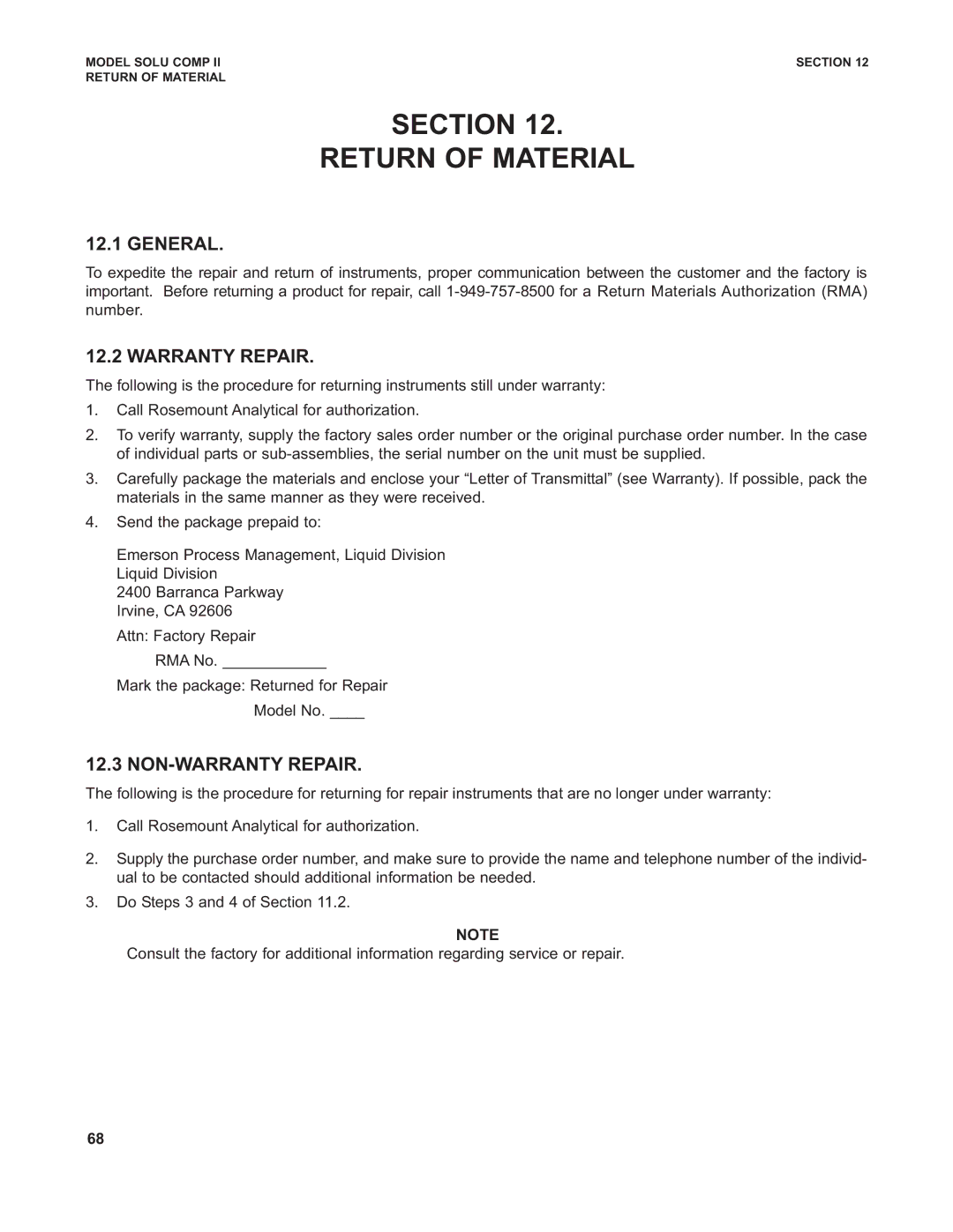 Emerson TCL instruction manual Section Return of Material, Warranty Repair, NON-WARRANTY Repair 