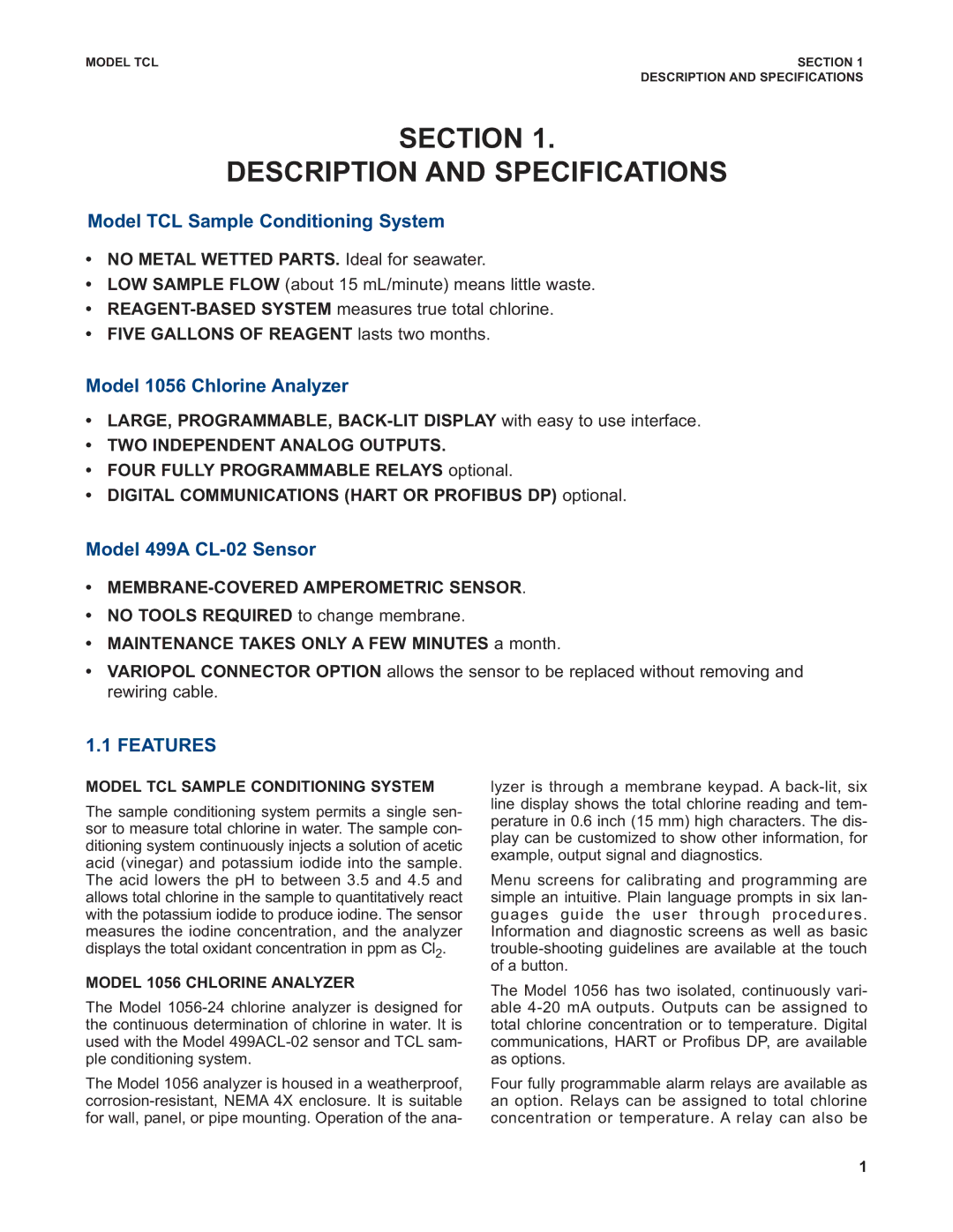 Emerson Section Description and Specifications, Model TCL Sample Conditioning System, Model 1056 Chlorine Analyzer 