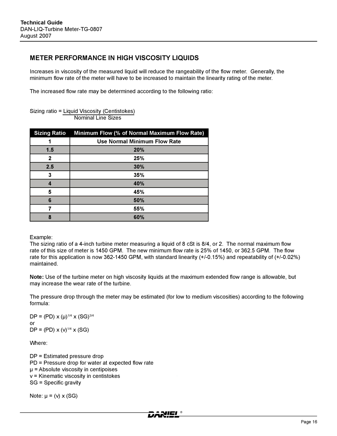 Emerson TG-0807 manual Meter Performance in High Viscosity Liquids, Sizing Ratio 