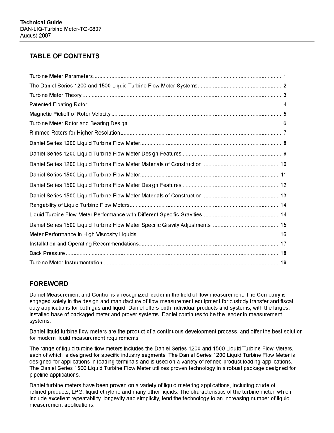 Emerson TG-0807 manual Table of Contents, Foreword 