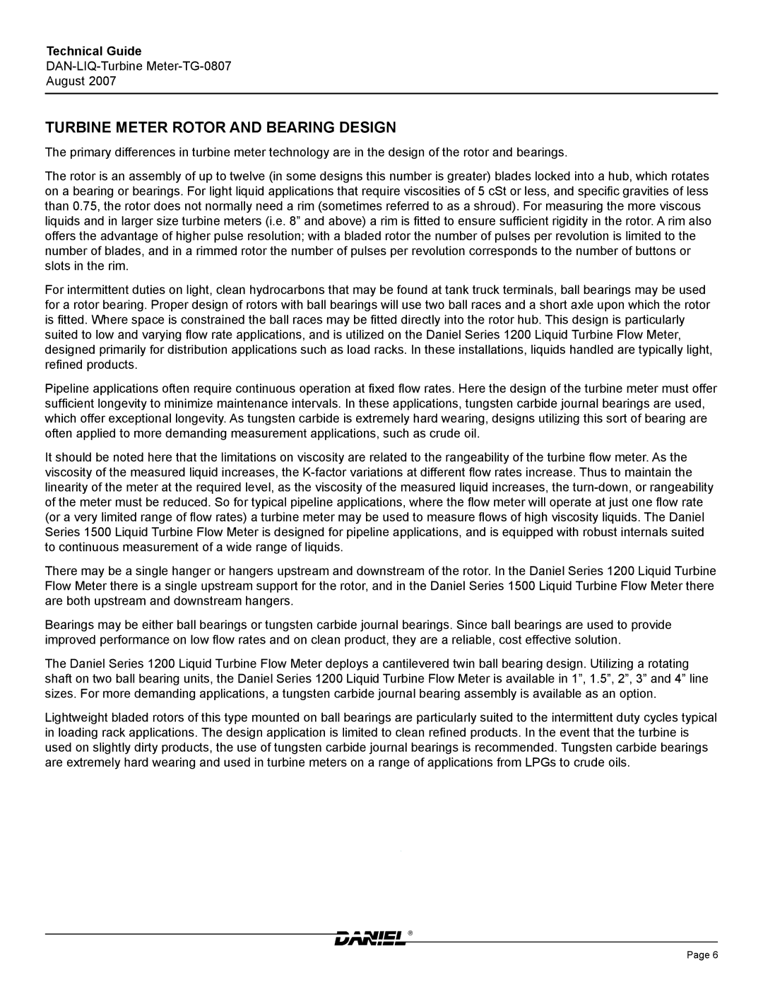 Emerson TG-0807 manual Turbine Meter Rotor and Bearing Design 