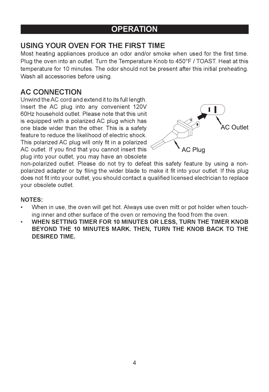 Emerson TOR49 owner manual Operation, Using Your Oven for the First Time, AC Connection 