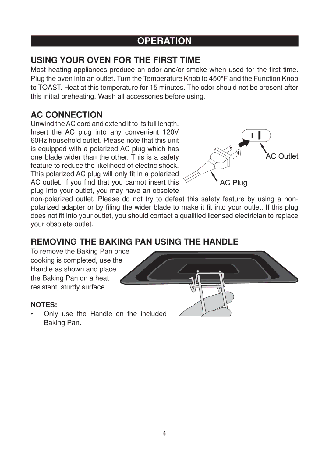 Emerson TOR59 Operation, Using Your Oven for the First Time, AC Connection, Removing the Baking PAN Using the Handle 