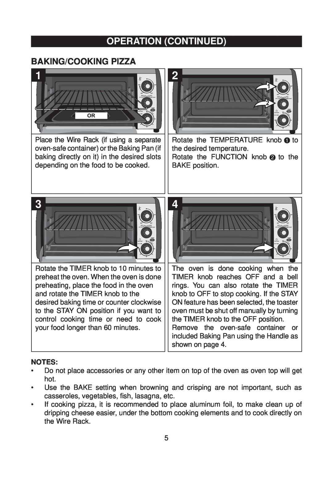 Emerson TOR59 owner manual Operation Continued, Baking/Cooking Pizza 