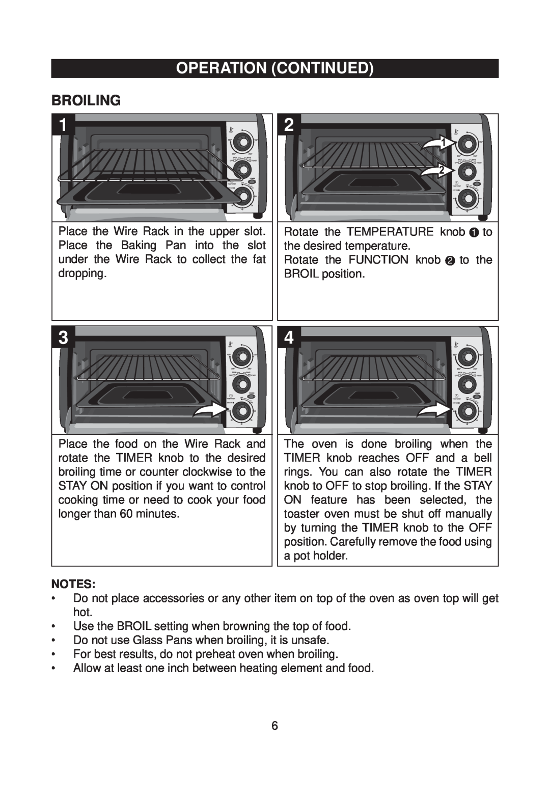 Emerson TOR59 owner manual Broiling, Operation Continued 