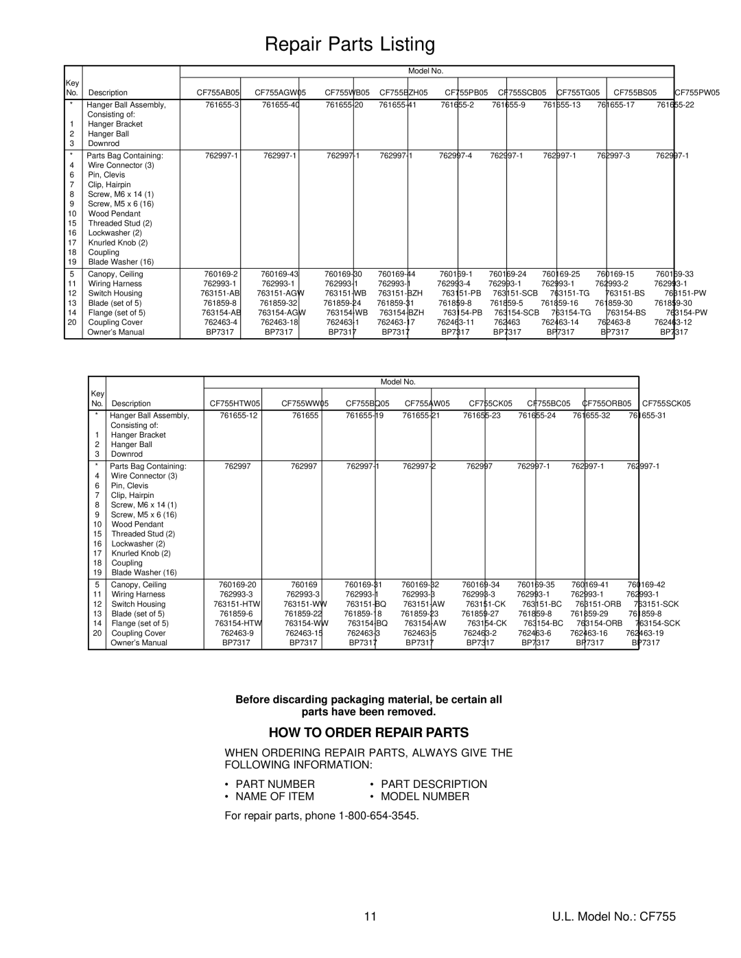 Emerson CF755CK05, TRUE, CF755ORB05, CF755SCB05, CF755TG05, CF755SCK05, CF755HTW05, CF755BZH05, CF755BS05 Repair Parts Listing 