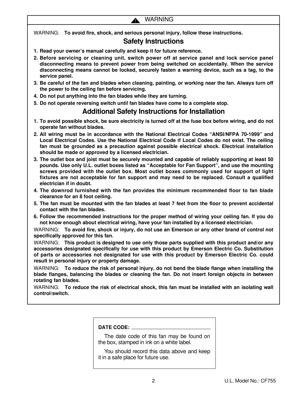 Emerson CF755SCB05, TRUE, CF755ORB05, CF755TG05, CF755SCK05, CF755HTW05, CF755BZH05, CF755BS05, CF755AB05 Safety Instructions 