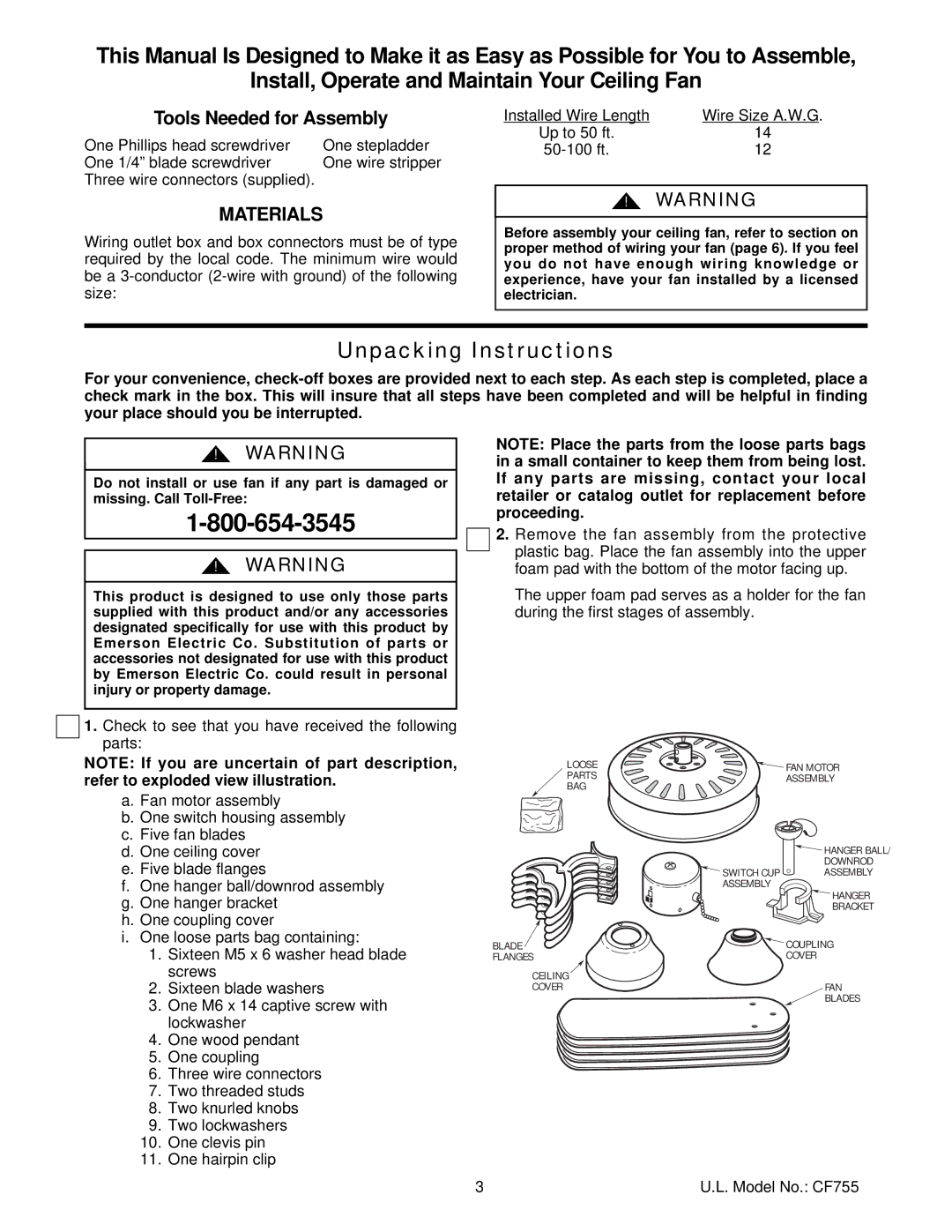 Emerson CF755TG05, TRUE, CF755ORB05, CF755SCB05, CF755SCK05, CF755HTW05, CF755BZH05, CF755BS05, CF755AB05 Unpacking Instructions 