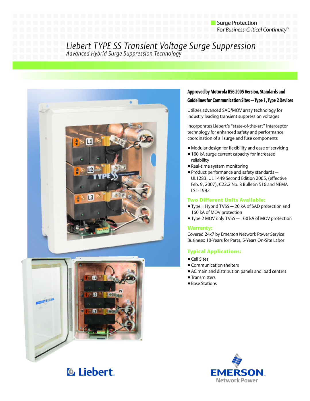 Emerson TYPE SS warranty Advanced Hybrid Surge Suppression Technology, Two Different Units Available, Warranty 